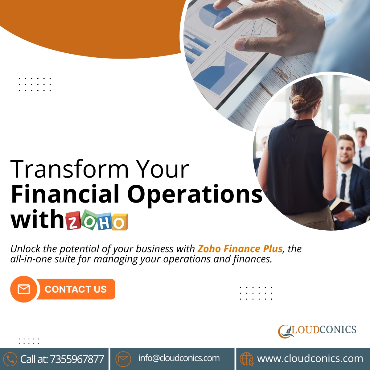 cloudconics's tweet image. Ready to elevate your financial management? Start your transformation today! 💼🔗 Contact us at cloudconics.com/contact.php #ZohoFinancePlus #CloudConics #BusinessGrowth #FinancialSuccess #CloudConics #ZohoCRM #BusinessAutomation #StreamlineOperations #Efficiency #Zohopartner