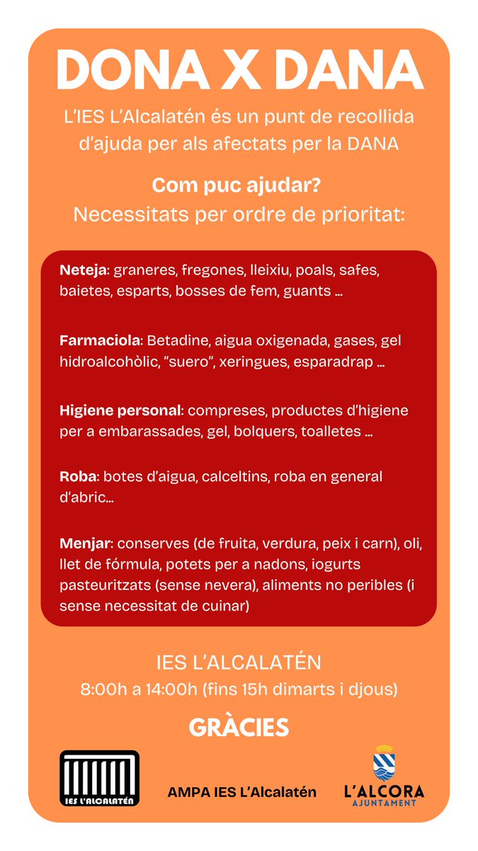 L’IES L’Alcalatén vol col·laborar amb les persones afectades per la DANA i, des de hui mateix, és un punt de recollida de productes de primera necessitat. Al cartell trobareu, per odre de prioritat, allò que més falta fa en estos moments.