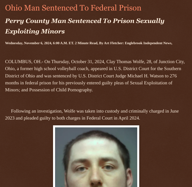 ArtFletcher9's tweet photo. Ohio Man Sentenced To Federal Prison https://t.co/DJh95h5gFj via @Englebrooknews #Ohio #ColumbusOhio #perrycounty #junctioncityoh #highschool #volleyball #formercoach #federal #prison #child #exploitation @wireless_step @HRG_Media @LodiNJNews @SugarMAGA @fordmb1 @SarahGeving1 @Shannon96574094 @Daytobehappy @janninereid1 @gator4kb18 @MichelleF_35 @TrumpWasRite @KathyKbrose @RobGerundo @JimBobW49 @Y6s8D8vmnCo394k @SAM002024 @ramsey_lewis007 @DSteampipe @qfd_bruce @colacasia2