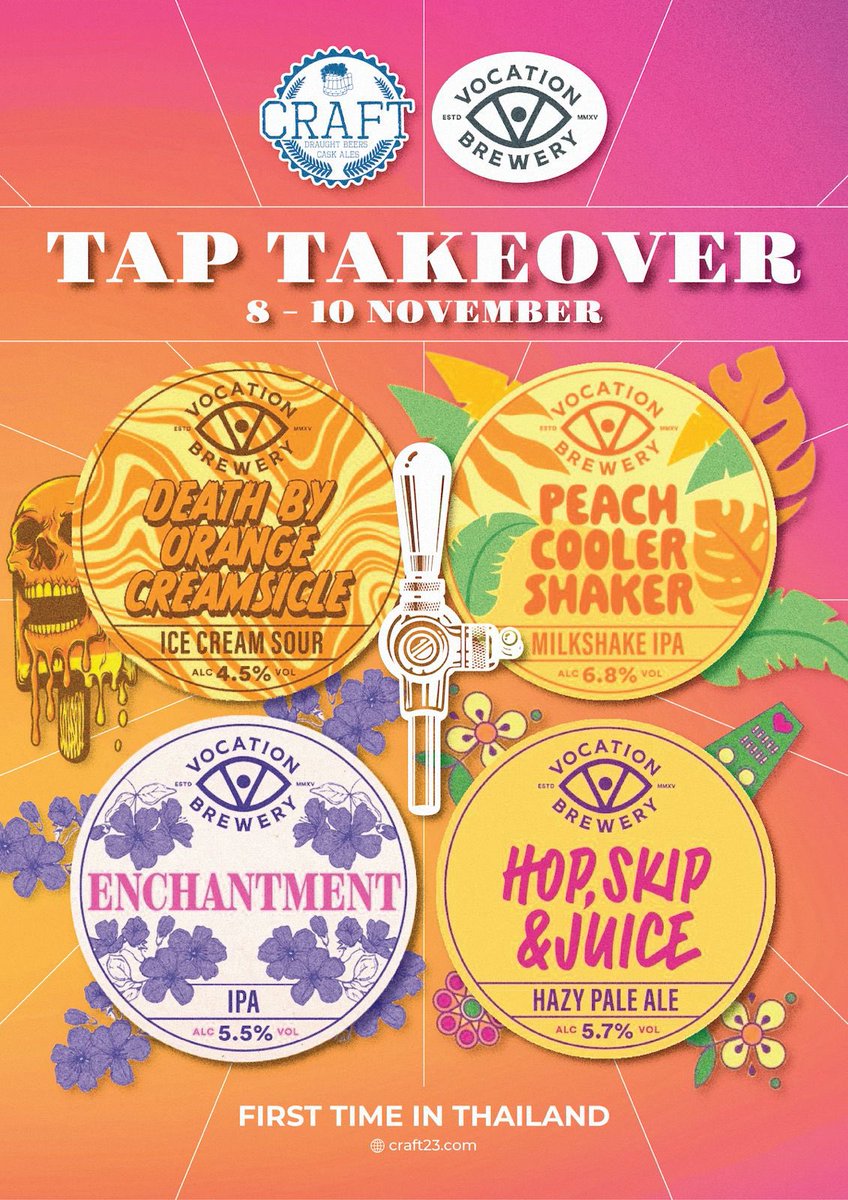 🚨 Tap Takeover Alert! 
Get ready for something special at CRAFT this weekend! From 8 to 10 November, we’re teaming up with 𝗩𝗼𝗰𝗮𝘁𝗶𝗼𝗻 𝗕𝗿𝗲𝘄𝗲𝗿𝘆 to bring you a line-up of unique brews – for the first time ever in Thailand! 🍻✨
