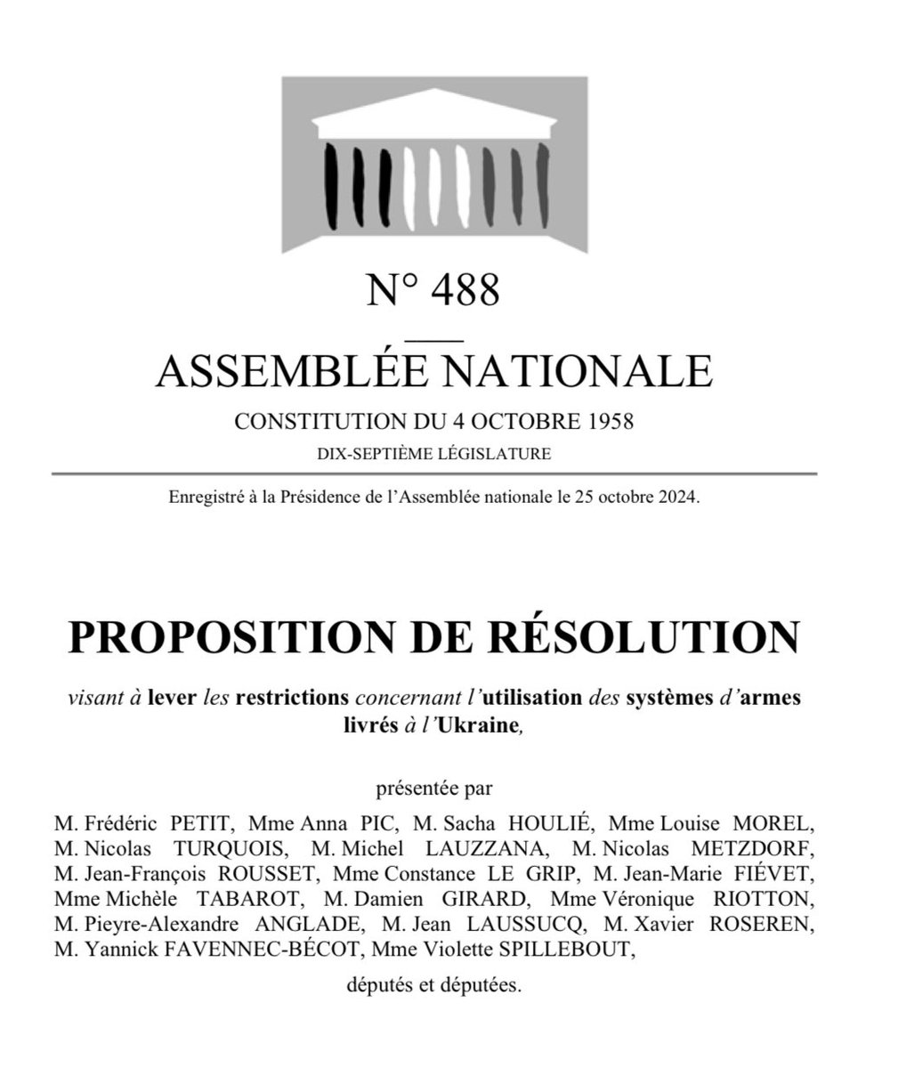 J’ai déposé à l’Assemblée 🇫🇷 une proposition de résolution visant à lever les restrictions concernant l’utilisation des systèmes d’armes (de longues portées) livrés à l’#Ukraine 🇺🇦

Nous devons aider l’Ukraine à se défendre, à protéger des vies et à ne pas perdre cette guerre.