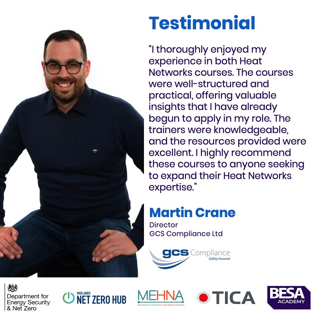🎓 HEAT NETWORKS 🎓

A fantastic testimonial from Martin Crane about BESA Academy's Heat Networks courses. Please share your testimonials to encourage others within the industry to register for these fully-funded opportunities.

👉 eu1.hubs.ly/H0dvJNl0

#HeatNetworks