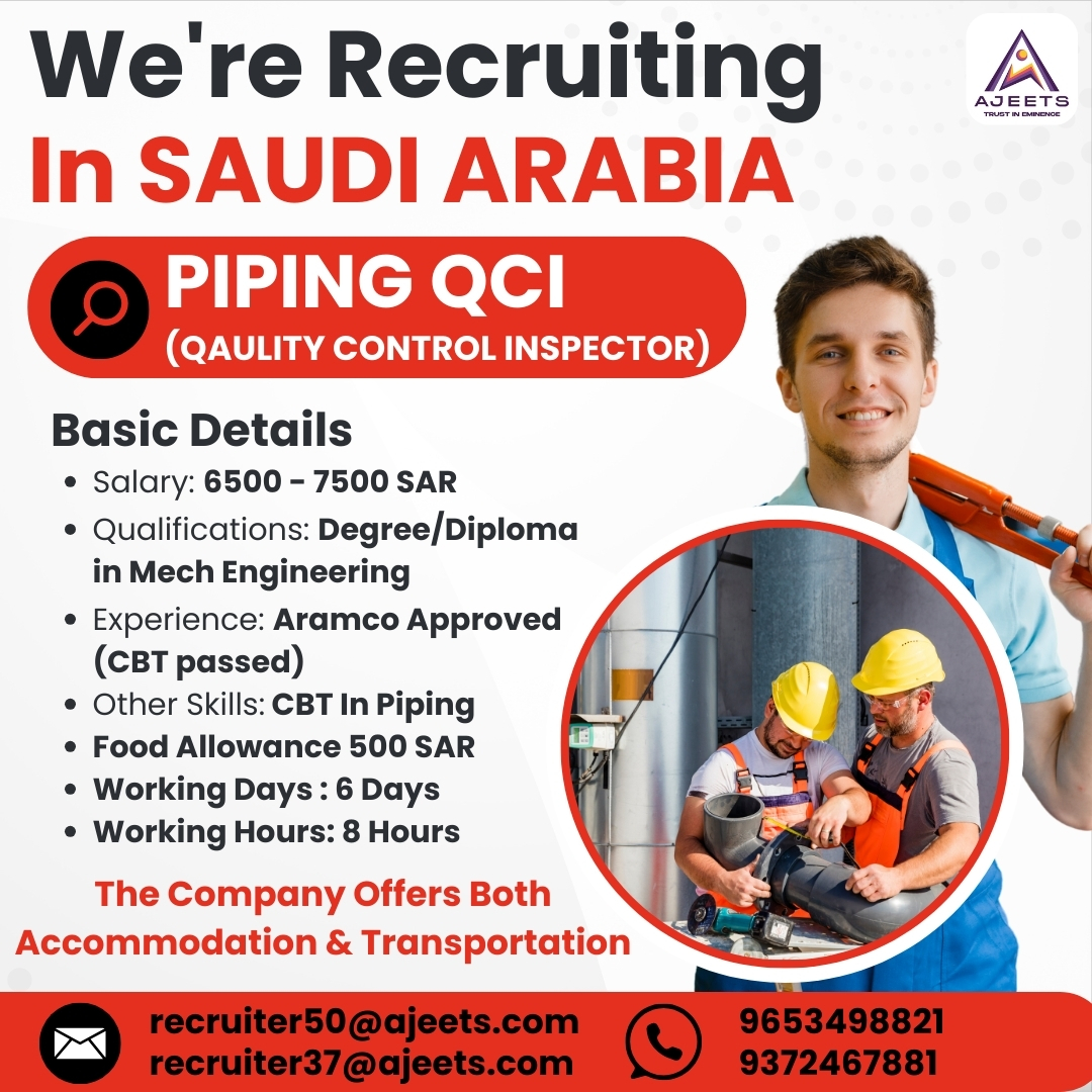 ajeetsholding's tweet image. Hiring in Saudi Arabia! 🚨

🔧 Position: Piping QCI (Quality Control Inspector)

✅ Aramco Approved | Mechanical Eng. Degree/Diploma

Apply now! 📩 recruiter50@ajeets.com
📞 +9653498821 / +9372467881

#Jobs #SaudiArabia #WorkAboard #PipingQCI #EngineeringJobs #AjeetsManpower