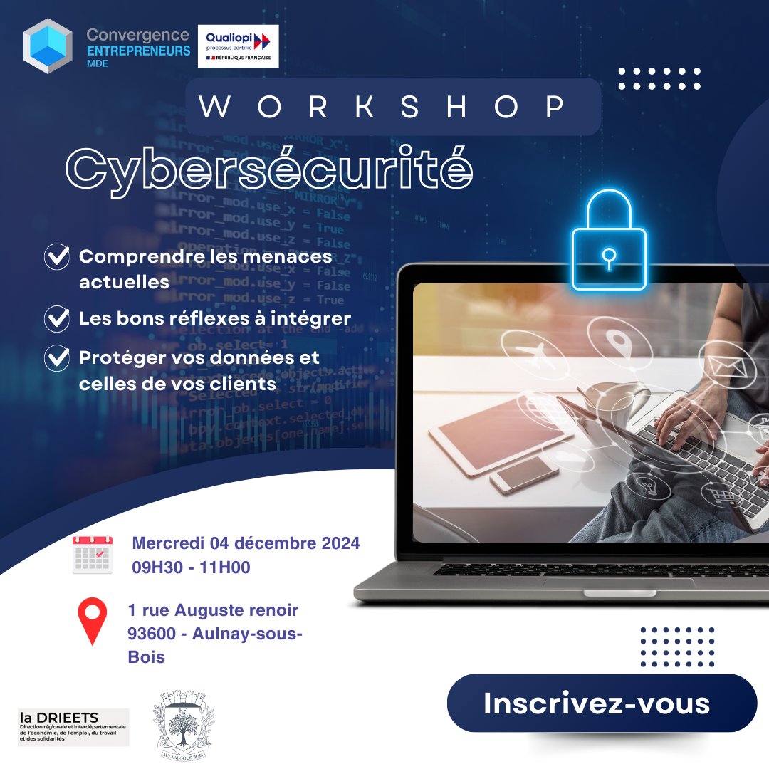 💻👾Apprenez à décrypter les menaces les plus courantes (phishing, ransomware…etc) et adopter des gestes simples pour sécuriser votre activité en ligne ainsi que la sûreté de vos appareils. 

Pour vous inscrire cliquez sur ce lien 👉 lnkd.in/drraFB2M