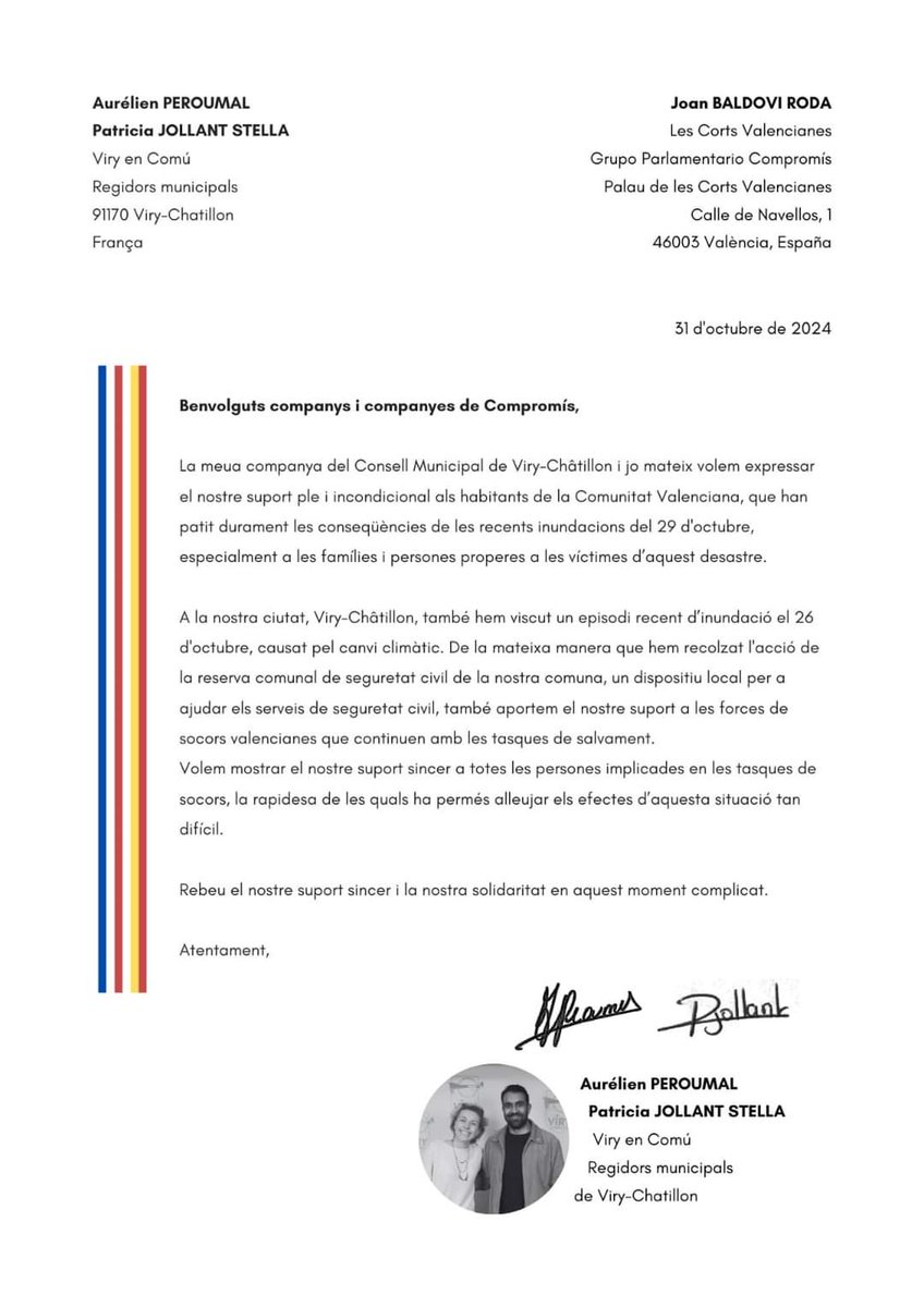aurlienperoumal's tweet photo. À la suite des #inondations qui ont durement touché les habitants de la #ComunidadValenciana nos pensées vont aux familles et proches des victimes ainsi qu'aux forces de secours espagnoles. ⤵️
#valencia @compromis #cortesvalencianes https://t.co/QmvKd4kG5m