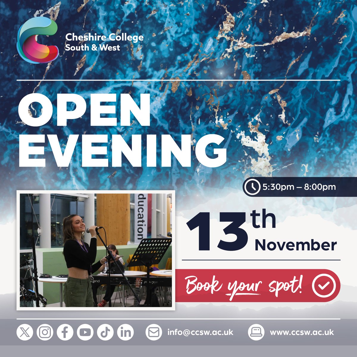 Our next Open Evening is fast approaching &amp; it's not too late to book your place! 👍

When? Wednesday 13 November, 5.30-8pm 
Where? Chester, Crewe, Ellesmere Port 

Register now👉 ccsw.ac.uk