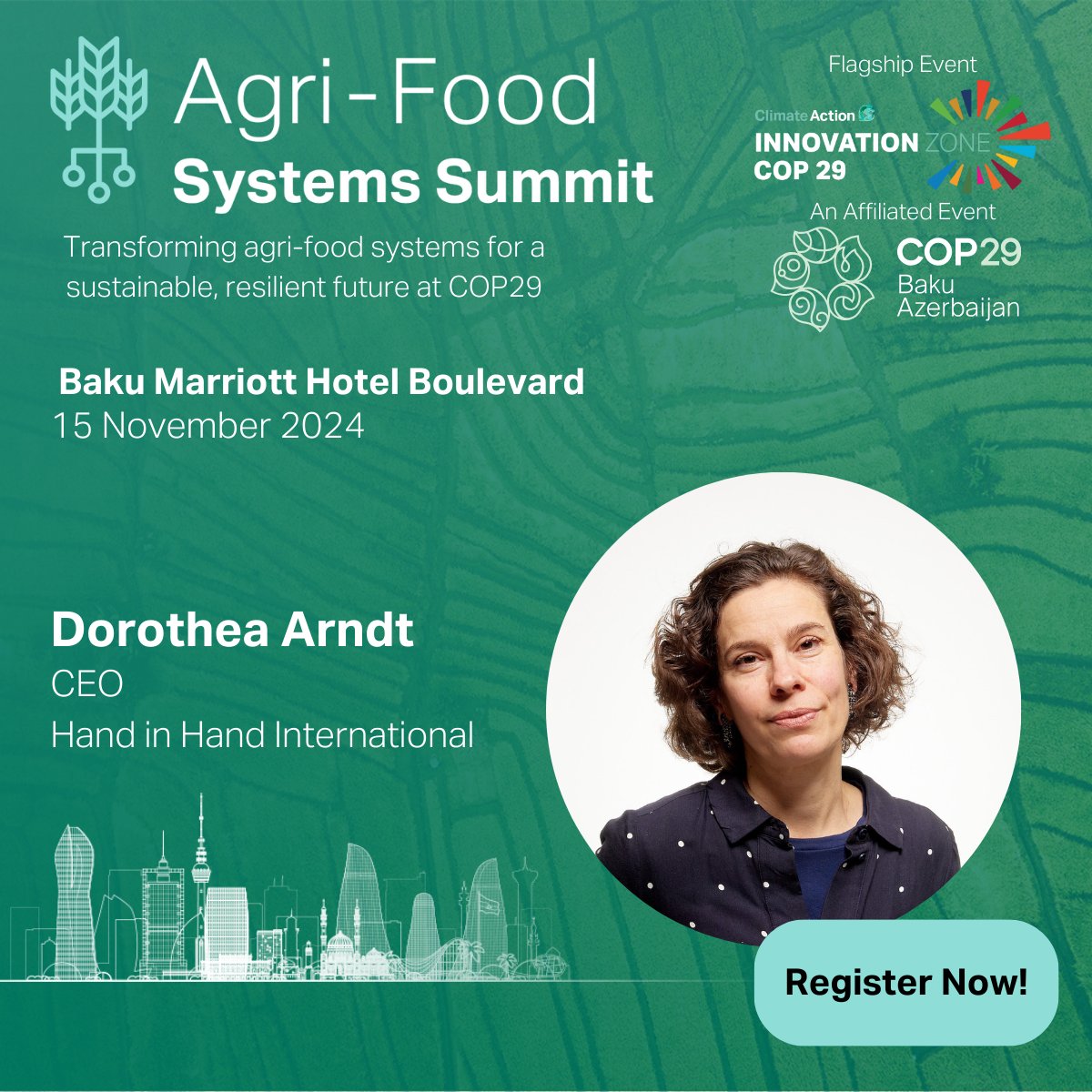 Hand in Hand International (@handinhandint) on Twitter photo See you at #COP29!
Our CEO Dorothea Arndt will be speaking at this year's Agri-Food Systems Summit at COP29 in Baku. Register here: hubs.li/Q02WXjBk0
If you're heading to COP29, we would love to meet you. Write to us via ndziejowska@hihinternational.org See you at #COP29!
Our CEO Dorothea Arndt will be speaking at this year's Agri-Food Systems Summit at COP29 in Baku. Register here: hubs.li/Q02WXjBk0
If you're heading to COP29, we would love to meet you. Write to us via ndziejowska@hihinternational.org