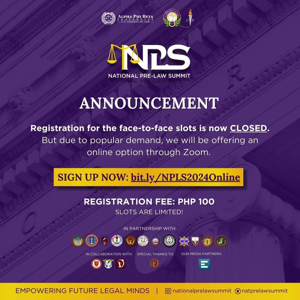 natprelawsummit's tweet photo. Greetings, future lawyers! ⚖️

The first installment of the National Pre-Law Summit goes online. SLOTS ARE LIMITED. 

REGISTER:
🧷 https://t.co/tCl2N7Gi2t
🧷 https://t.co/tCl2N7Gi2t
🧷 https://t.co/tCl2N7Gi2t

See you on Nov 10! Join us in #EmpoweringFutureLegalMinds! 

#NPLS2024 https://t.co/Tns4KiaIss