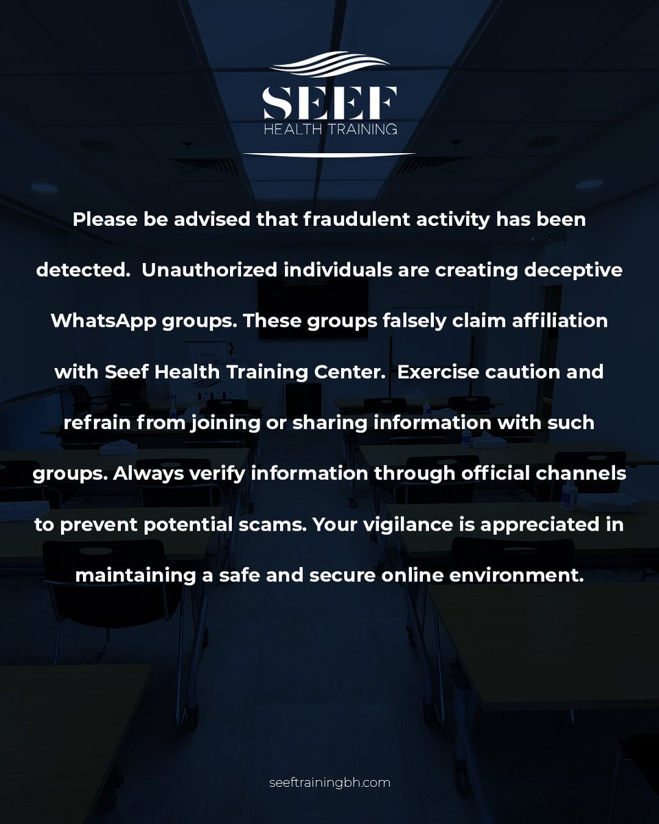 seeftrainingbh's tweet photo. Please be advised that fraudulent activity has been detected.  Unauthorized individuals are creating deceptive WhatsApp groups. These groups falsely claim affiliation with Seef Health Training Center.

https://t.co/uVhMW6Gtlf https://t.co/EdCVlHkJMV