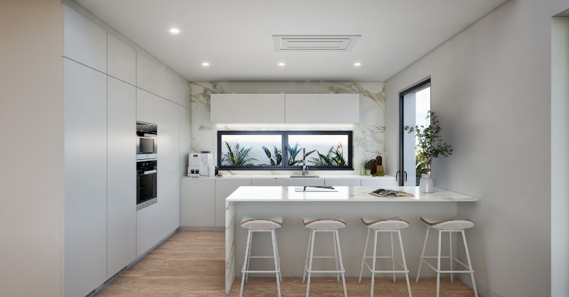 hgdesign3D's tweet photo. Cozinha moderna com mobiliário branco, detalhes em Calacatta e equipamentos encastrados. Visualização 3D que realça a elegância e funcionalidade. 🍳✨ #Arquitetura #3DVisualization https://t.co/1GDZiaNZDo