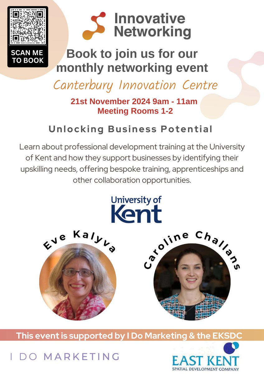 EKSDC_'s tweet photo. Novembers Innovative Networking Event supported by @unikentlive, @idomarketinguk and @eksdc_1

Learn about development training, upskilling needs, bespoke training and collaboration opportunities.

Scan the QR code to book or DM for further details. https://t.co/dpCw6rjJr1