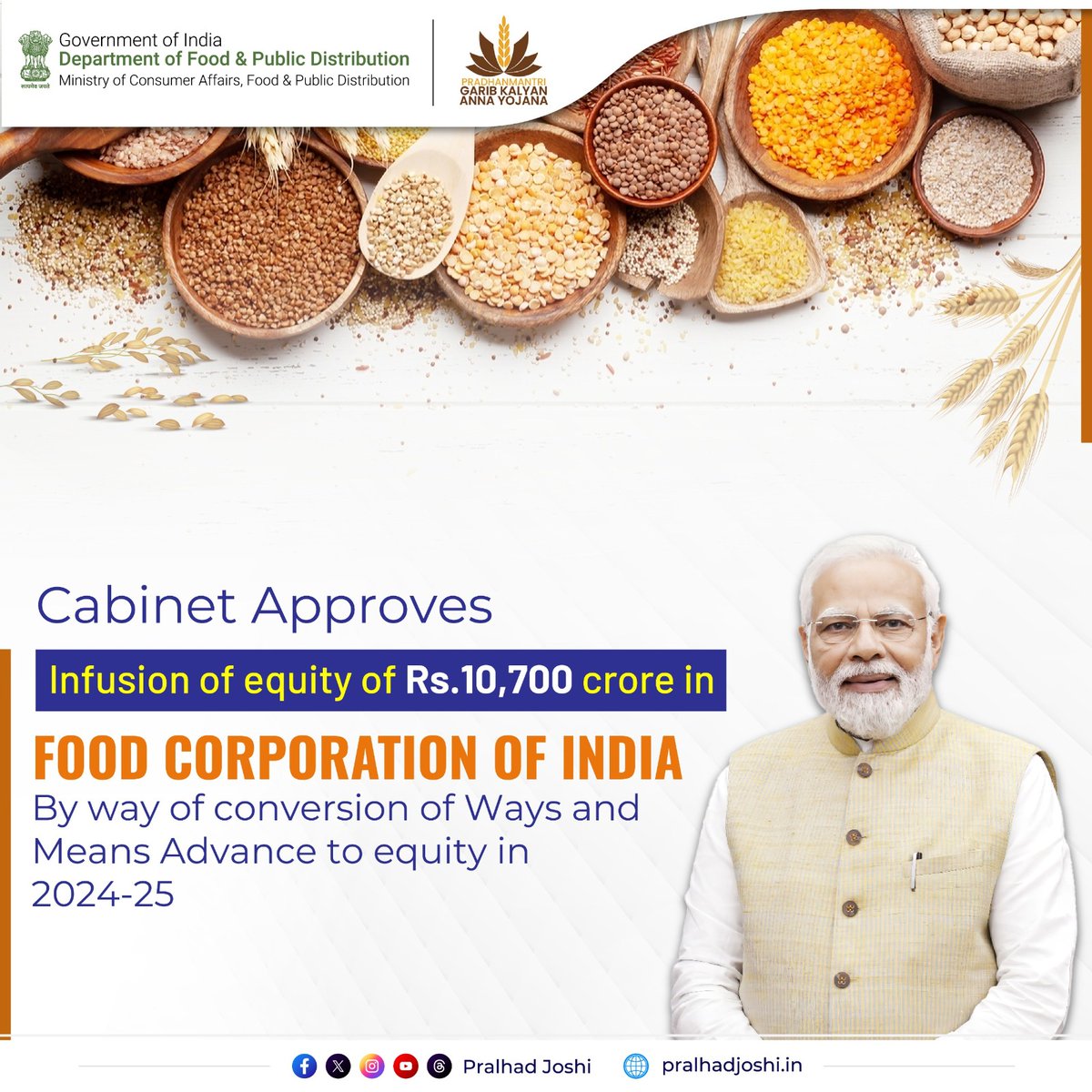 Thank you, PM <a href="/narendramodi/">Narendra Modi</a> ji, for this landmark decision to strengthen the Food Corporation of India, the pillar of India's Food Security Architecture.

Delighted that the Cabinet has today approved an equity infusion of ₹10,700 Cr into <a href="/FCI_India/">Food Corporation of India</a>'s working capital for FY25.