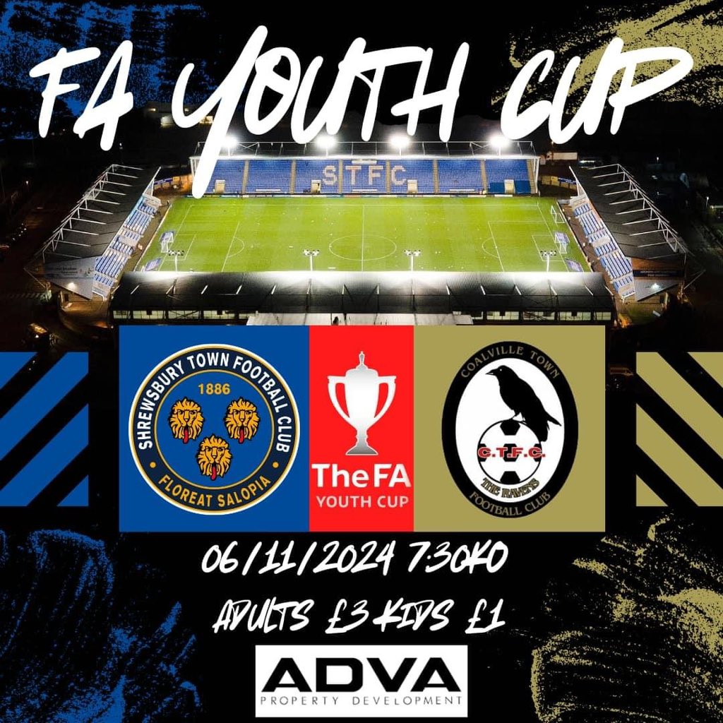 🏆 A massive good luck to our Under 18’s this evening as they continue to make history in the FA Youth Cup First Round against Shrewsbury Town.

For supporters making the trip to Shrewsbury it’s cash only on the gate. 

🎟️ Adults £3.00, Concessions £1.00 

⏰ 7:30pm K.O