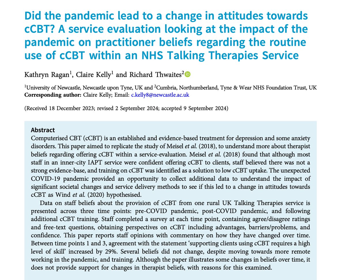 tCBT New Paper: Did the pandemic lead to a change in attitudes towards cCBT? A service evaluation looking at the impact of the pandemic on practitioner beliefs regarding the routine use of cCBT within an NHS Talking Therapies Service

Full free text at ow.ly/KA0450U19In
