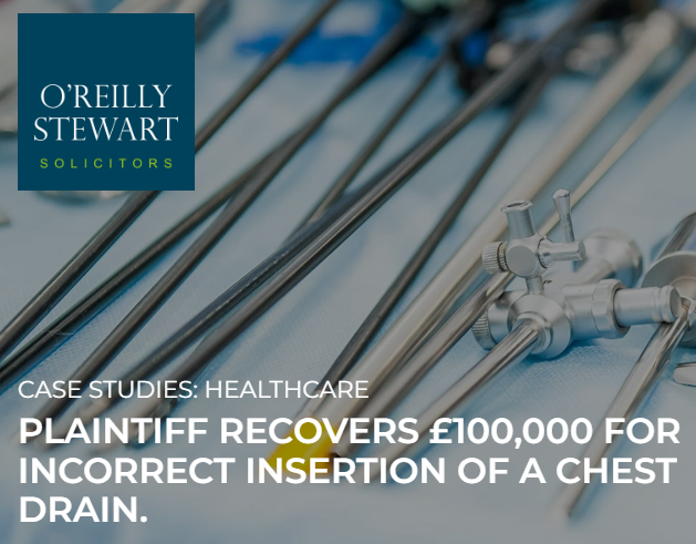 Plaintiff recovers £100,000 for incorrect insertion of a chest drain. Great work by our colleague Dearbhla O'Hanlon in concluding this medical negligence case. Dearbhla's client comments, "No room for improvement". #medicalnegligence oreillystewart.com/casestudy/plai…