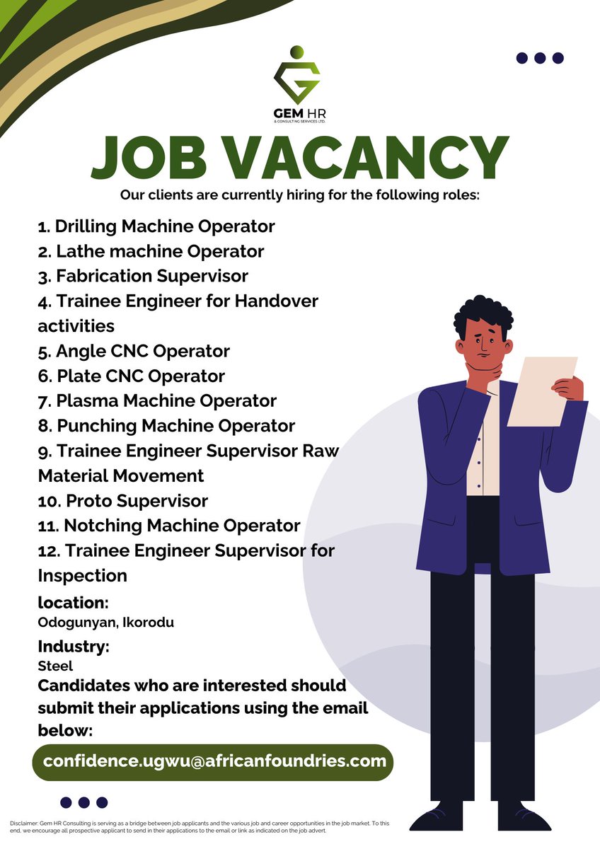 gem_hr's tweet image. Looking for an exceptional candidates for the following job positions in Odogunyan, Ikorodu. Know someone who fits? #Tag them below! 🌟 Apply here: confidence.ugwu@africanfoundries.com 

#drillingmachine #operator #engineer #traineeengineer #TraineeEngineer #proto #Supervisor