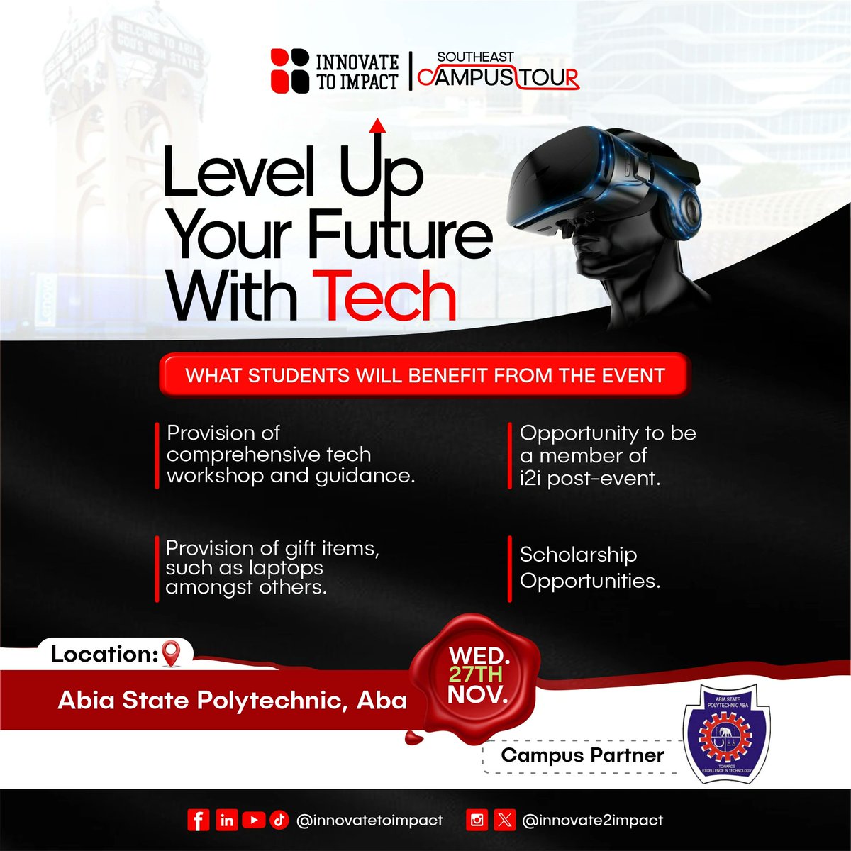 Innovate2Impact's tweet photo. Our next stop π
Abia students, are you ready!!! π
Get ready for a life transforming event. Level up your future with tech! π
#innovatetoimpact #innovate2impact #i2icommunity #southeastcampustour #levelupyourfuturewithtech #techinabia #techinnigeria https://t.co/r0iFwEfoxN