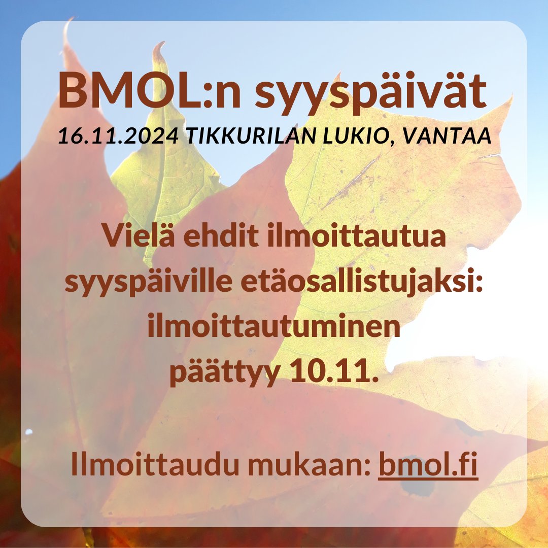 Hei jäsen: vielä ehdit ilmoittautua syyspäiville etäosallistujaksi! Pääset katsomaan huippukiinnostavat luennot striimin kautta ja voit valita kahdesta työpajasta. Tutustu ohjelmaan ja ilmoittaudu mukaan viimeistään 10.11. 👉peda.net/yhdistykset/bm…