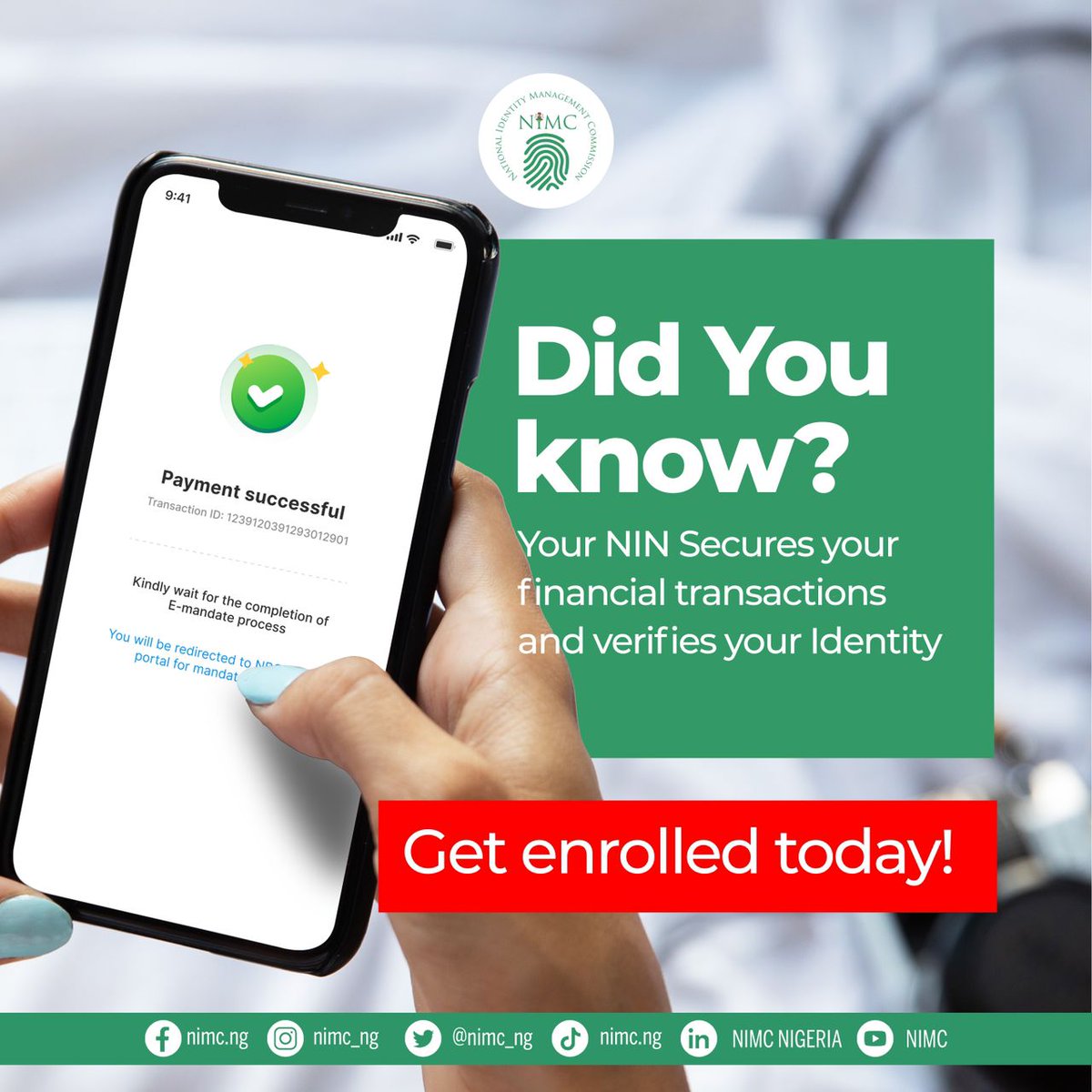 Olunloyoilaoran's tweet photo. "Protect your identity &amp; finances with NIN!

NIMC ensures secure verification. Enroll today for:

- Safe transactions
- Identity protection
- Easy access to services

Visit [NIMC website] or nearest center.

#NIN #NIMC #SecureID" https://t.co/KEGOvUofp1