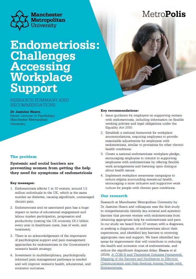 Pleased to share this policy briefing I've developed with support from <a href="/mcrmetropolis/">MetroPolis</a> on support needed for managing endometriosis in the workplace with calls to action for the UK government to improve workplace support. Find out more here: bit.ly/3Oh2h8N