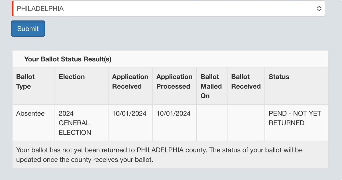 My daughter’s 1st vote - mail in ballot for Kamala Harris - delivered/signed for 1st by registered mail, then a back up by fed ex. This morning - STILL - ‘not yet received’.   Her vote appears to have not been counted.  <a href="/CNN/">CNN</a> <a href="/KamalaHarris/">Kamala Harris</a> @PennsylvaniaGov