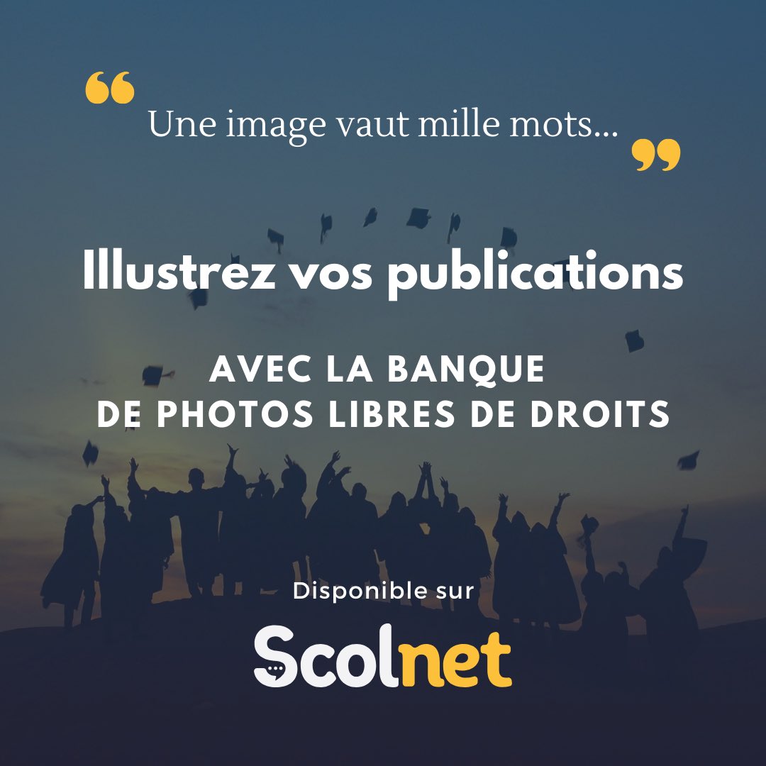 Besoin de sublimer vos publications ? 
👉 #scolnet intègre une banque de photos libres de droits et gratuites !

#teamPE #education #edtech #ecole #enseignants #school