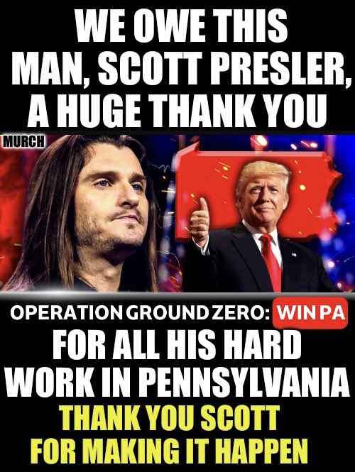 👉M-Û-R-Č-H👈 (@theexecutloner_) on Twitter photo Back in April, MAGA star, Scott Presler, announced he was moving to Pennsylvania.
Moving for the simple fact of working on getting voters to register & vote for Donald Trump.
His goal,all his hard work,paid off.
This victory isn’t possible without <a href="/ScottPresler/">ThePersistence</a> .Thank you🙏 Back in April, MAGA star, Scott Presler, announced he was moving to Pennsylvania.
Moving for the simple fact of working on getting voters to register & vote for Donald Trump.
His goal,all his hard work,paid off.
This victory isn’t possible without <a href="/ScottPresler/">ThePersistence</a> .Thank you🙏