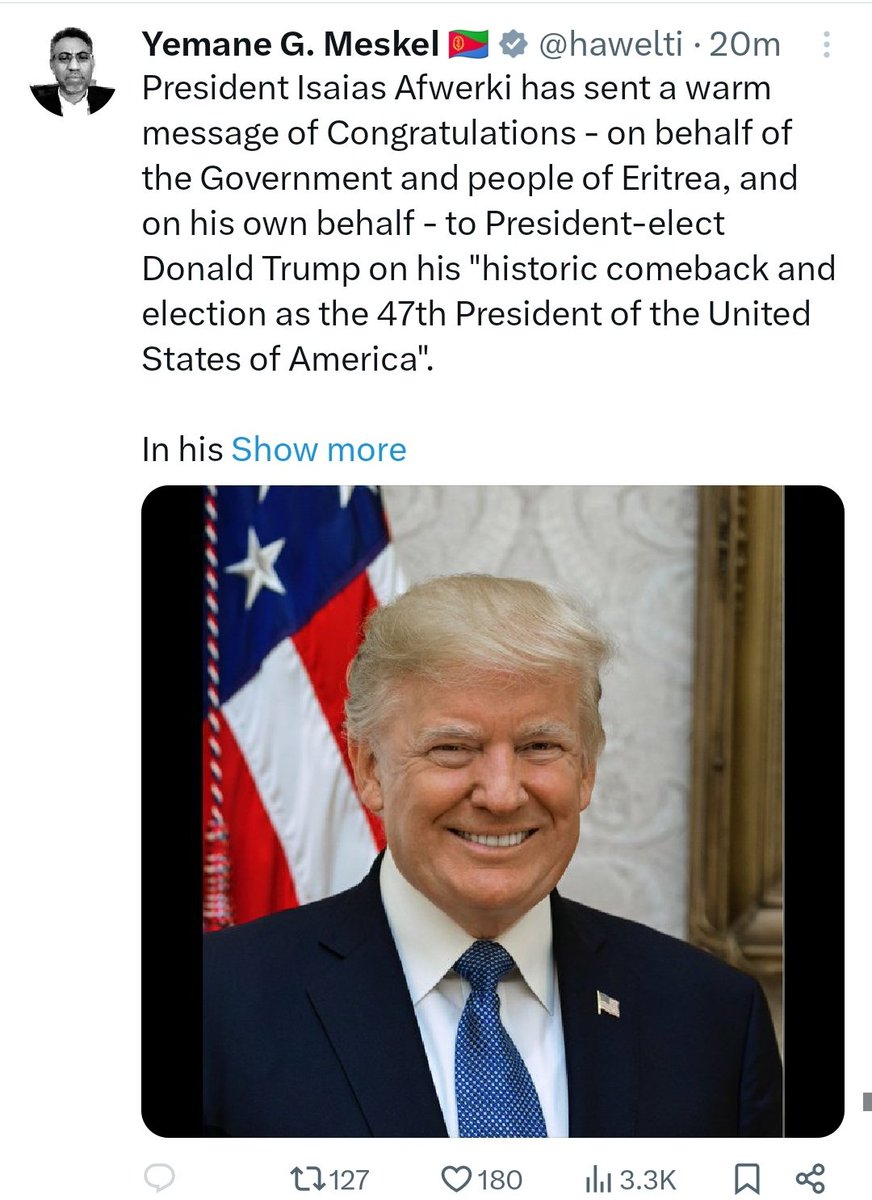 B_Loul's tweet photo. @EriSelfReliance @AbiyAhmedAli @realDonaldTrump ወዲ አፎም ተጠርቶ ነው አቤት ያለው? 
አመድ በዱቄት ይስቃል አሉ። 

Extending congratulation is just a formality. I am not defending @AbiyAhmedAli here. Abiy, Isayas and Trump are all powerful political evils we are cursed to endure. https://t.co/DWADKHcpL7