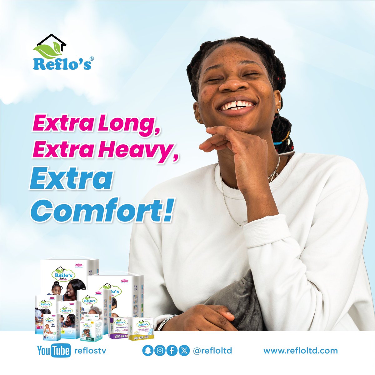 refloltd's tweet photo. Experience the ultimate comfort! Reflo's pads are:
Extra Long for uninterrupted protection.
Extra Heavy for maximum absorbency.
Extra Comfort for your peace of mind. https://t.co/85nqFPgNoa