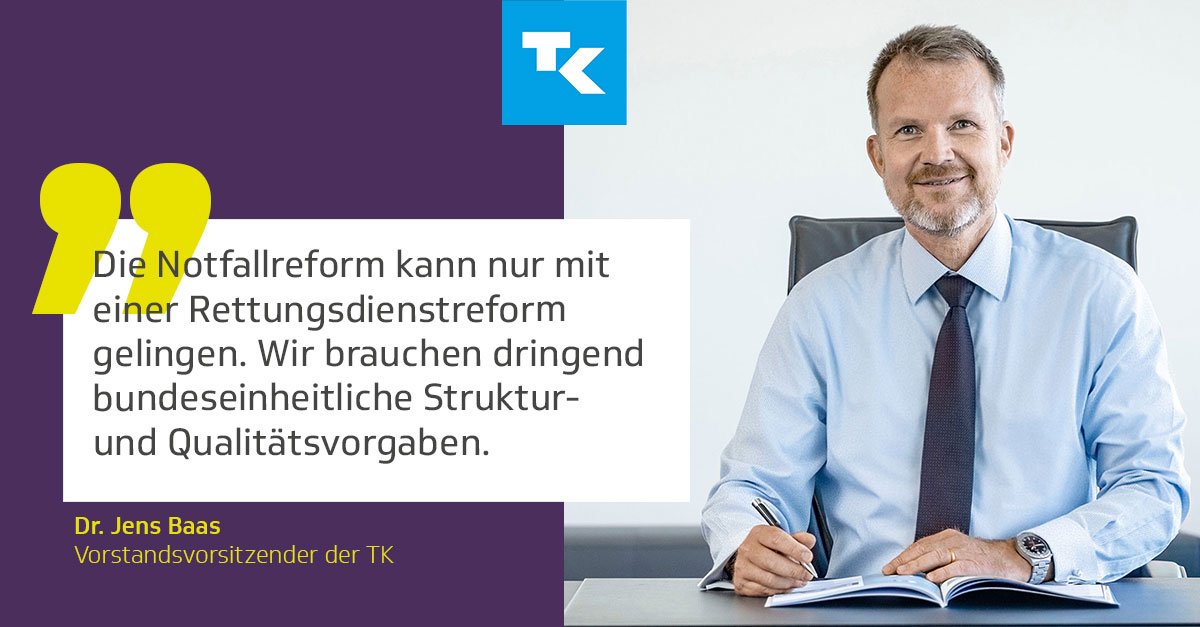 #Notfallreform: TK-Chef Dr. Baas begrüßt die geplante Integration des #Rettungsdienst|es in das Sozialgesetzbuch. 

Zum Statement➡️ tk.de/presse/themen/…