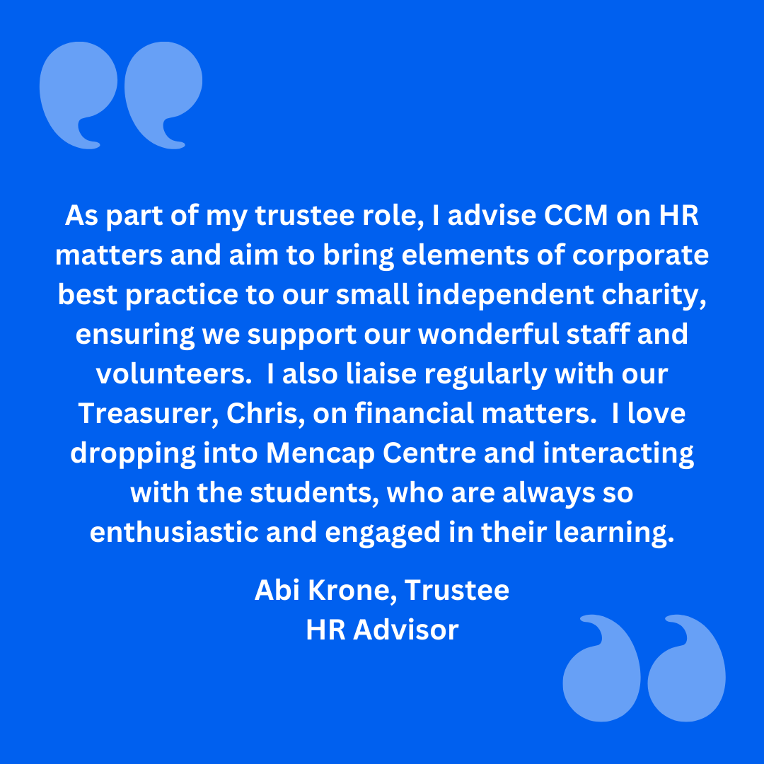 Meet Abi, a Finance Director who shares her extensive knowledge of corporate best practice to advise CCM on HR and finance.  She also makes regular visits to Mencap Centre, often with her two young sons, who are affectionately known as CCM's 'Tiny Trustees'! 😊#TrusteesWeek