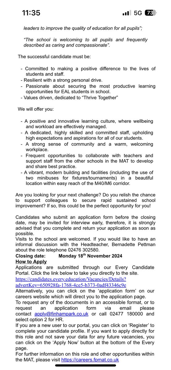 VACANCY: EAL Co-ordinator
We are looking to appoint an EAL Co-ordinator to support our staff and students with our whole school inclusive approach.