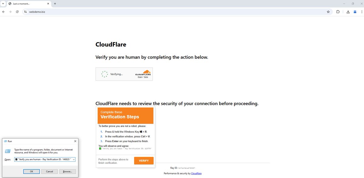 🚨 Interesting #FakeCaptcha technique alert! Attackers are using mshta commands formatted to show only harmless text like 'Verify you are human' in the Windows Run Dialog, hiding the malicious part. They also extended their #impersonation portfolio with <a href="/Cloudflare/">Cloudflare</a> CAPTCHA