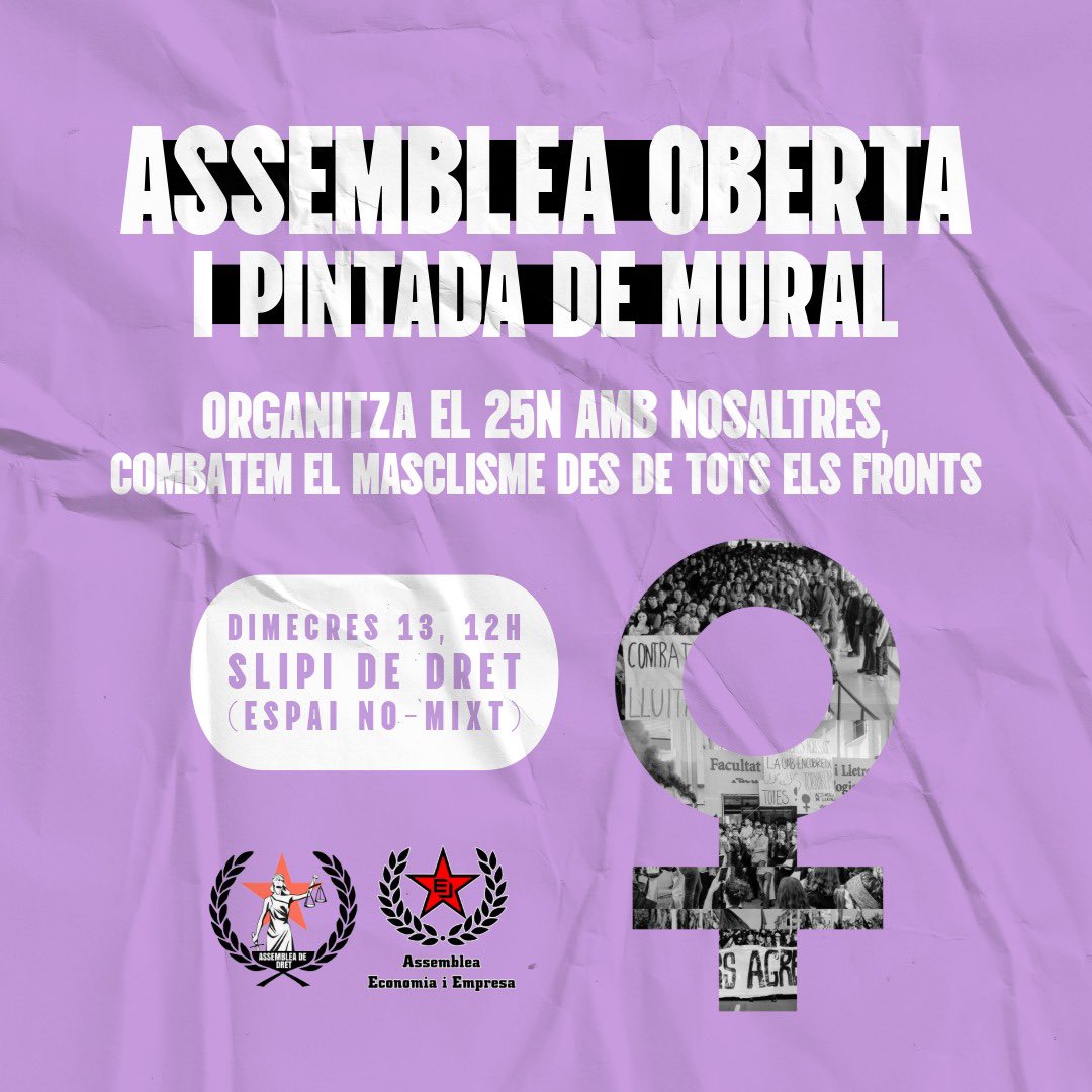Vine a preparar el 25N amb nosaltres, combatem el masclisme des de tots els fronts!!! 👊🏼🔥

👉🏼 Assemblea oberta
👉🏼 Pintada de mural

🗓️ Dimecres 13 de novembre
⏰ 12h
📍SLIPI de Dret (al pis de baix de la facultat)