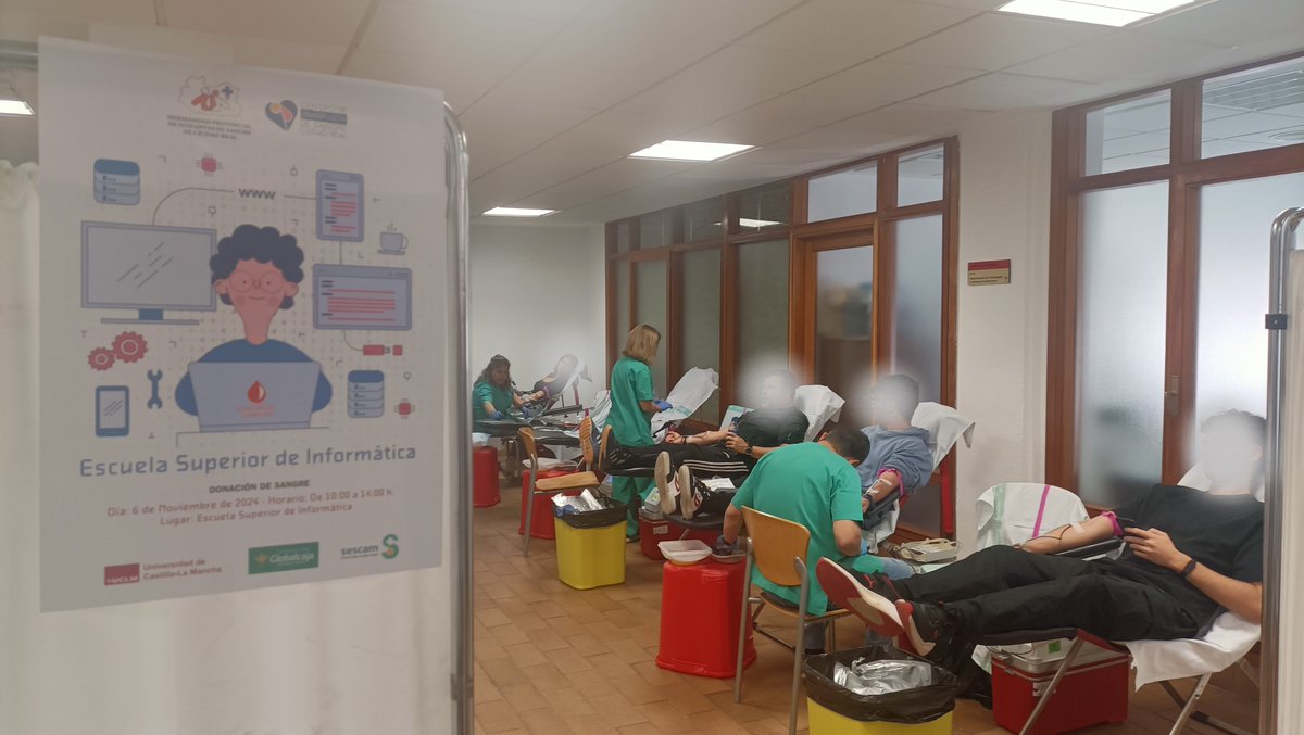 🩸Seguimos donando sangre en la <a href="/esiuclm/">ES. Informática UCLM</a> de la mano del Centro de Transfusión de Sangre <a href="/sescamclm/">SESCAM</a>.
🙏Gracias a todos los colaboradores y organizadores. 🆘Anímate. Son buenas fechas para contribuir a la salud y asistencia a personas que sufren.
Estamos hasta las 14h ⏰