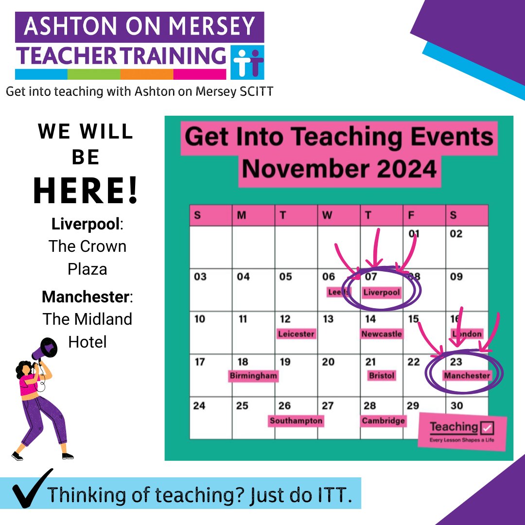 Dates for your diaries! This month we will be in #Liverpool and #Manchester for the <a href="/getintoteaching/">Teaching</a> events - we hope to see you there! ☺️