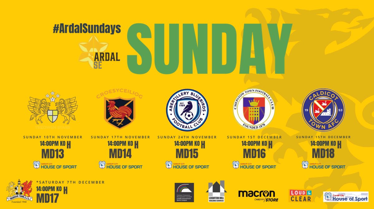 Dates for the diary…… 📔 

Starting this weekend where we welcome <a href="/Treowenstarsfc/">Treowen Stars</a> to <a href="/CDFSportsCampus/">Cardiff International Sports Campus</a> 

1st v 2nd Currently in the <a href="/ArdalSouthern/">Ardal Southern</a> South East League. 

#ArdalSundays #WeAreCanton #SundayFootball