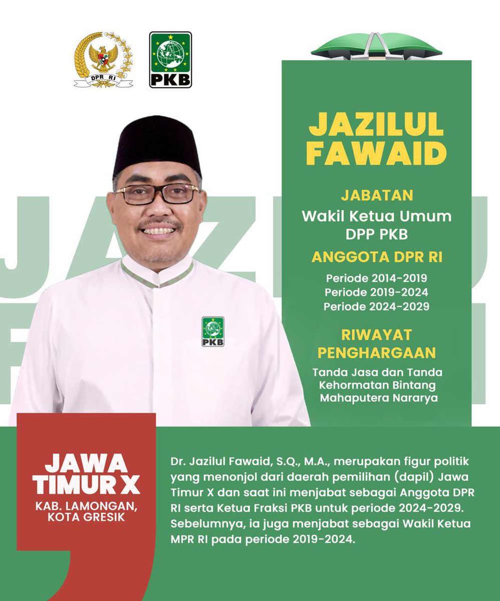 Dr. H. Jazilul Fawaid, S.Q., M.A., Anggota DPR RI &amp; Ketua Fraksi PKB (2024-2029), hadir sebagai wakil rakyat Jawa Timur X dengan pengalaman luas dari Wakil Ketua MPR hingga staf ahli DPR &amp; Kemenakertrans. Konsistensi &amp; dedikasi beliau dalam memperjuangkan kepentingan rakyat tak