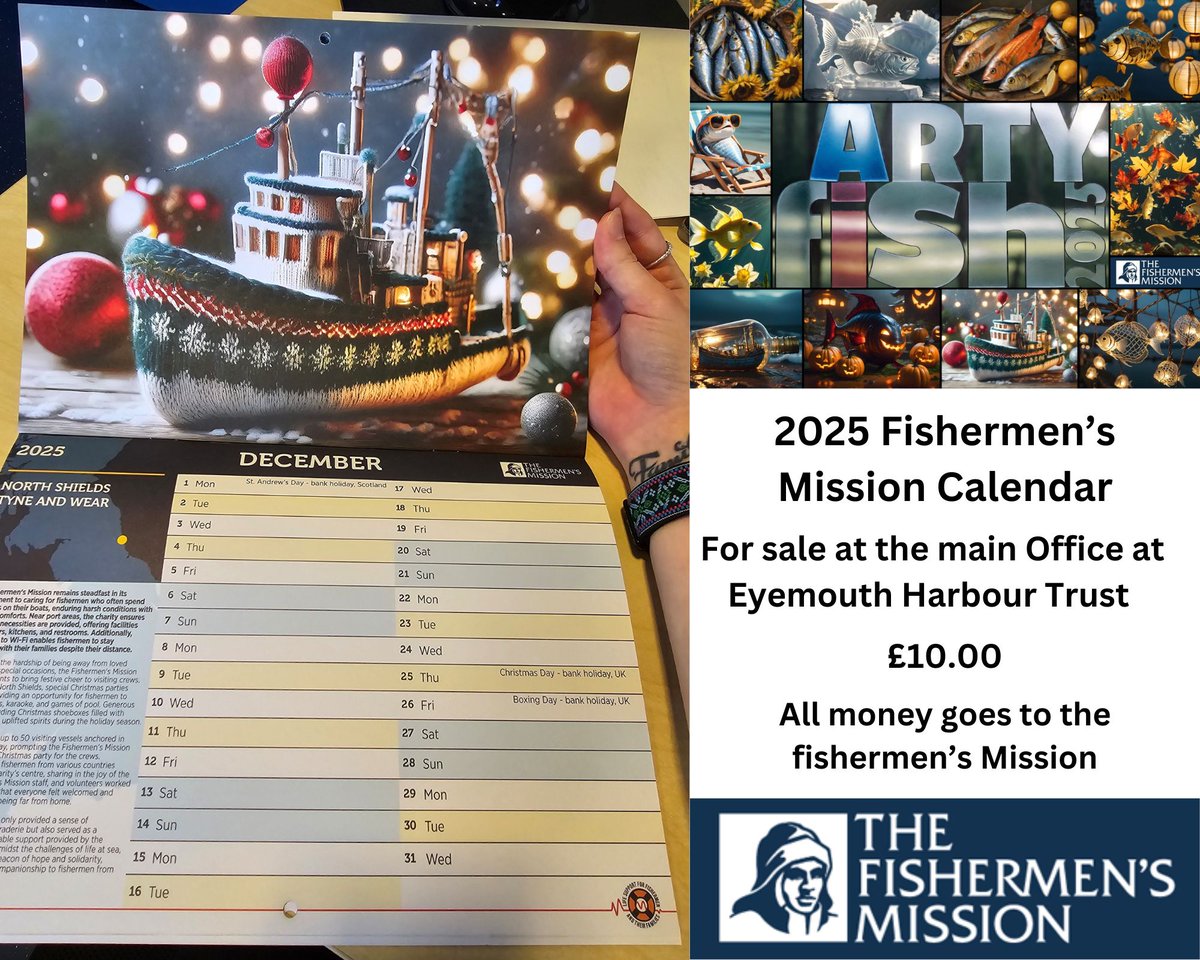 We are selling 2025 Fishermen's Mission calendar's at our main office here at the Harbour for £10.00
All money goes to the Fishermen's Mission and will be available from Monday 11th November.
#Eyemouth #EyemouthHarbour #EyemouthHarbourTrust #TheFishermensMission #2025Calanders