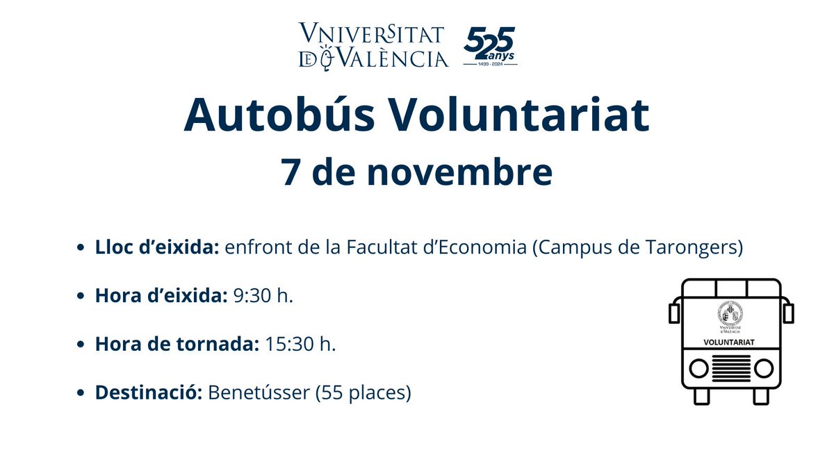 UV Cooperació (@cooperaciou) on Twitter photo 📢 Autobús de #Voluntariat per a tota la comunitat <a href="/UV_EG/">Universitat València</a>
🗓️ Dijous 7 de novembre
Inscripcions a ir.uv.es/GqA0wYM
El formulari es tancarà automàticament en cobrir les places.
Aquesta vesprada obrirem una altra destinació.
#DANA #Benetusser 📢 Autobús de #Voluntariat per a tota la comunitat <a href="/UV_EG/">Universitat València</a>
🗓️ Dijous 7 de novembre
Inscripcions a ir.uv.es/GqA0wYM
El formulari es tancarà automàticament en cobrir les places.
Aquesta vesprada obrirem una altra destinació.
#DANA #Benetusser