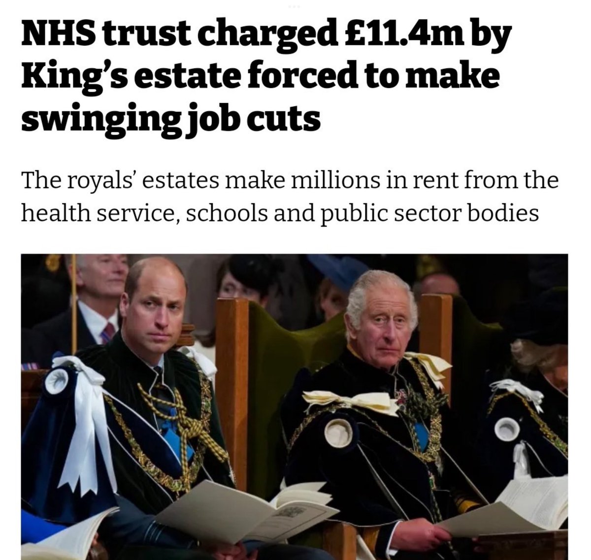 The Royal Family should pay reparations to the NHS

Head of state taking 11 million away from the service that’s vital for the health of their people. 
Absolutely shameless.