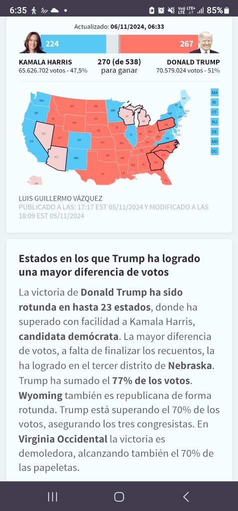 Felicidades <a href="/realDonaldTrump/">Donald J. Trump</a> y al pueblo de EE. UU. Por la contundente victoria en el voto popular y en los más de 270 delegados, es un mensaje claro de los Norteaméricanos que quieren de vuelta los valores familiares, la frontera segura, que baje la criminalidad y la rateria.