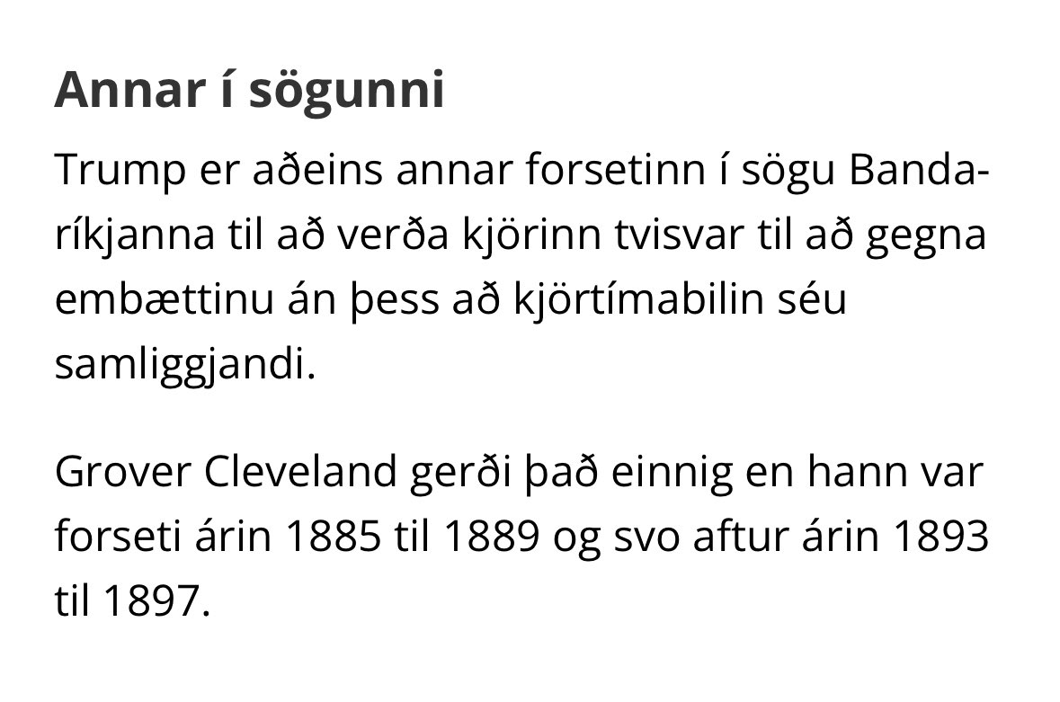 Ansi táknrænt. Trump er annar til að vera kjörinn aftur utan samliggjandi tímabila. Eina skiptið sem það hefur gerst áður var 1885 til 1889 og 1893 til 1897.