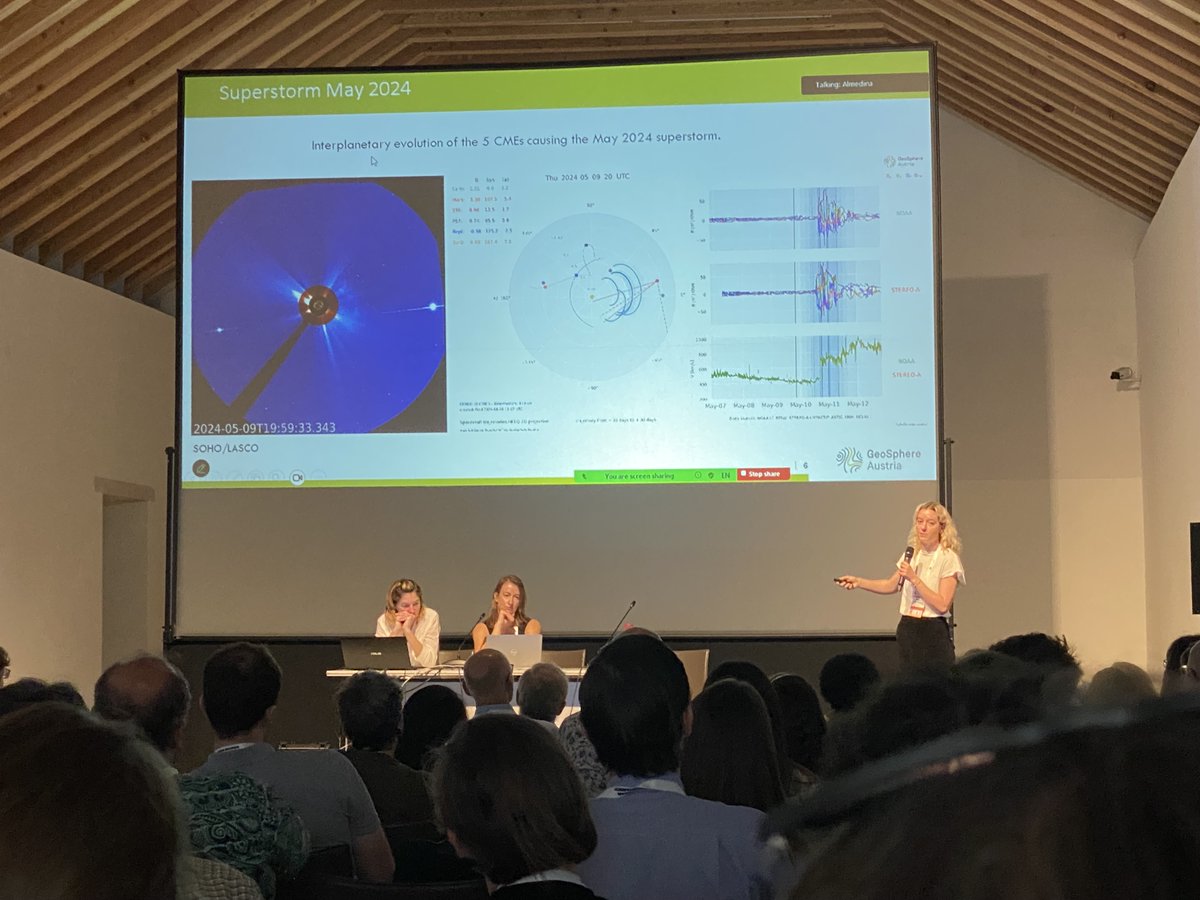 ASWOGeoSphere's tweet image. Today our Eva Weiler @Weiler_Eva talked about the first observations of a super-geomagnetic storm with a solar wind monitor on 10 May 2024, using the @NASASun STEREO-A mission data to demonstrate a prolonged warning time. #ESWW2024