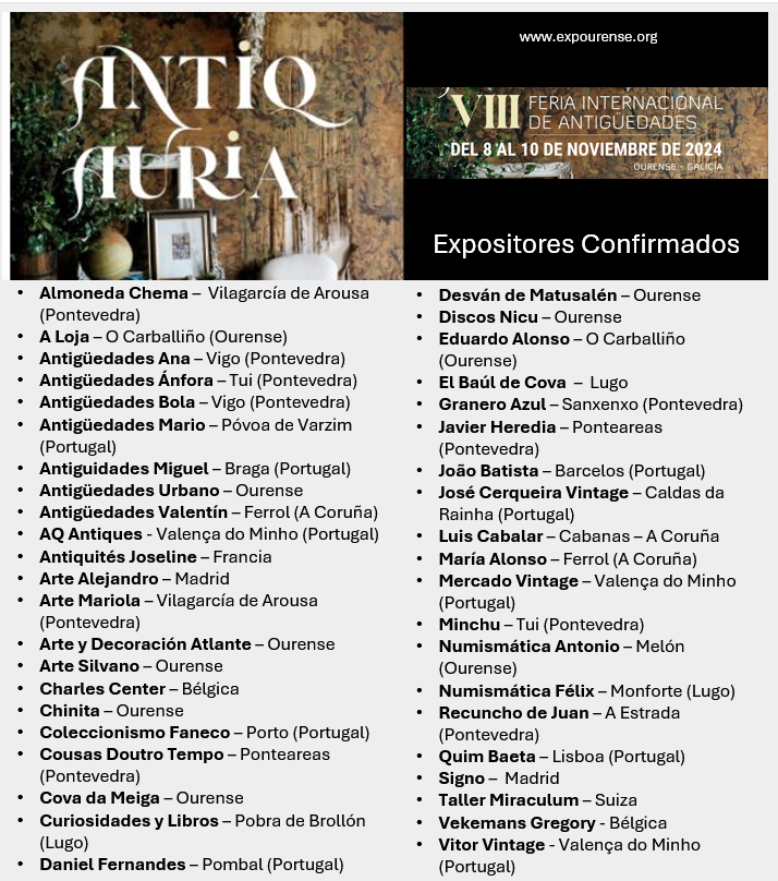 Presentada la 8ª edición de #ANTIQAURIA, #feriaantiguedades. Este finde en <a href="/EXPOURENSE/">EXPOURENSE</a>! 

Toda la info: expourense.org/en-su-octava-e…