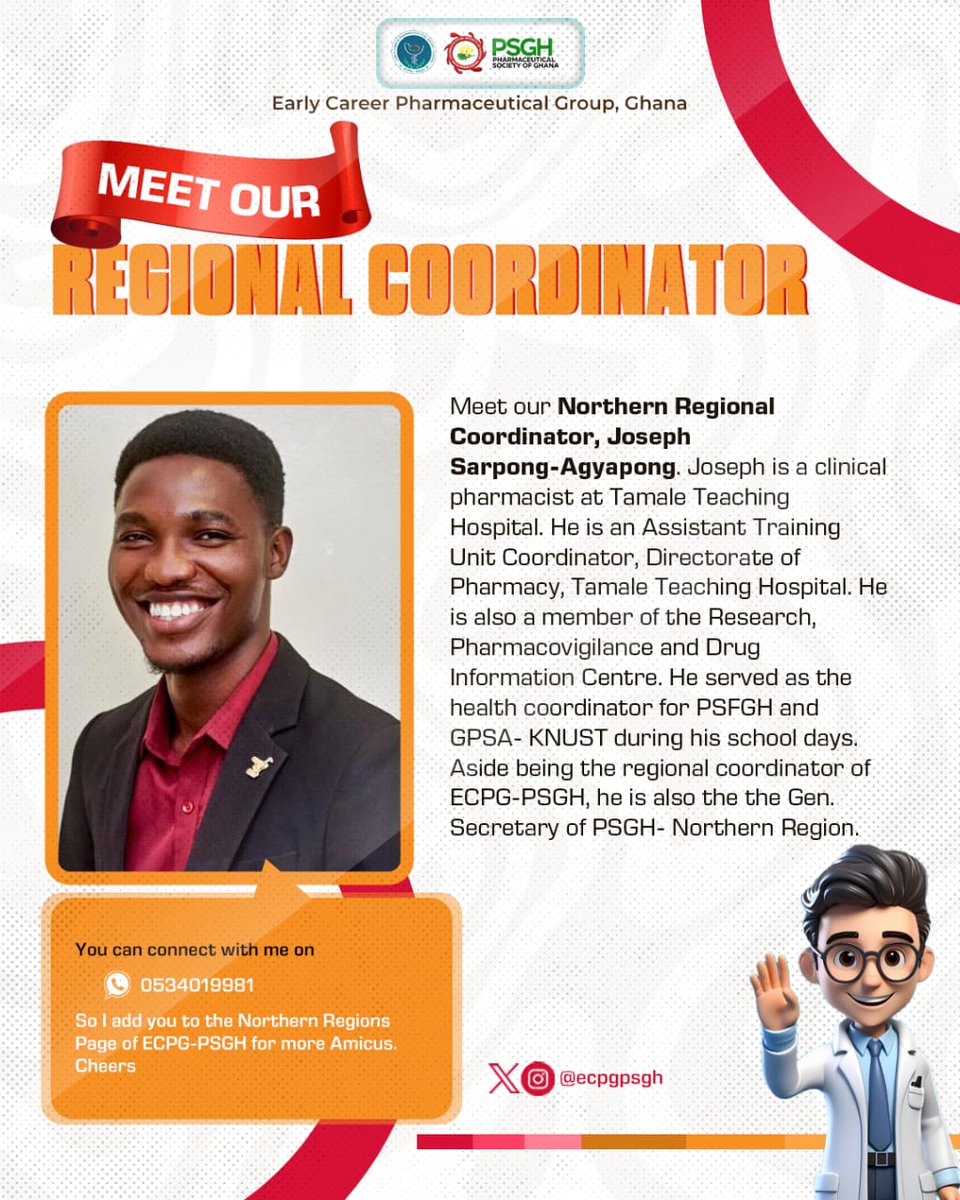 ecpgpsgh's tweet photo. Dear Pharmacist,

Hello, I am Joseph Sarpong-Agyapong.I am the Ecpg-Psgh regional coordinator for the Northern Region. Let's link up so I can get you on board. Kindly contact me if you are an early career pharmacist in the Northern Region. https://t.co/OJ39fe86vR