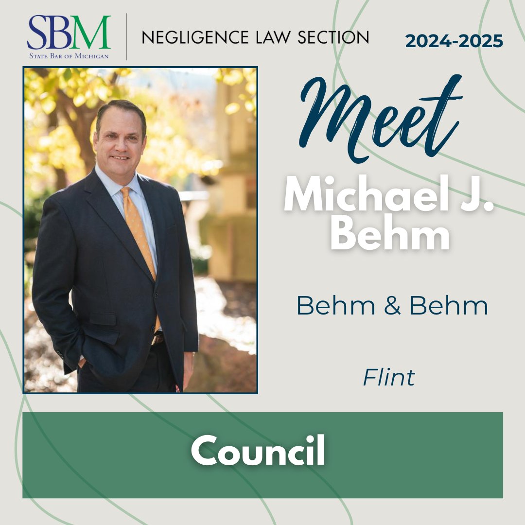 SBMNegLaw's tweet photo. Today, we're introducing Michael J. Behm from Behm &amp; Behm in Flint for his exceptional leadership and unwavering support. You make us better every day, as a member of the Negligence Law Section Council!

#SBM #NegligenceLawSection #Leadership #Leader https://t.co/Tr5wu0P7ss