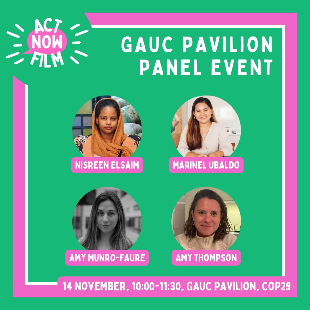 ACTNOWFILM (@actnowfilm) on Twitter photo Join us for an #ActNowFilm2024 panel event on 14 November at the GAUC Pavilion at #COP29! The event will feature @YnelUbaldo, @nisreenelsaim, <a href="/AMunro4/">Amy Munro-Faure</a> and Amy Thompson. Find out more: shorturl.at/ySaY6 Join us for an #ActNowFilm2024 panel event on 14 November at the GAUC Pavilion at #COP29! The event will feature @YnelUbaldo, @nisreenelsaim, <a href="/AMunro4/">Amy Munro-Faure</a> and Amy Thompson. Find out more: shorturl.at/ySaY6