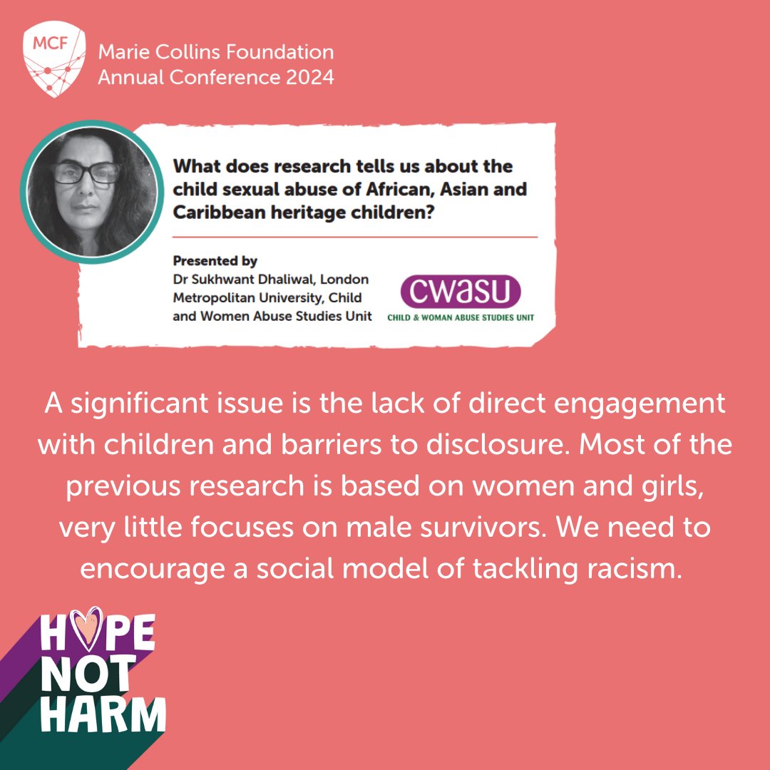 <a href="/IWFhotline/">Internet Watch Foundation (IWF)</a> <a href="/NCA_UK/">National Crime Agency (NCA)</a> <a href="/CEOPEducation/">CEOPEducation</a> In one breakout session we have Dr Sukhwant Dhaliwal <a href="/CWASULonMet/">CWASU</a> delivering a workshop on research into Child Sexual Abuse in African, Asian and Caribbean heritage children.

#HopeNotHarm #MCFConference24 #TACSA