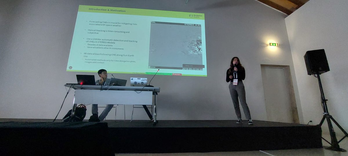 ASWOGeoSphere's tweet image. Maike Bauer @MaikeBauer2 talked today on automatically identifying coronal mass ejections in heliospheric imager data with a convolutional neural network - very helpful for future cataloging and forecasting! #ESWW2024